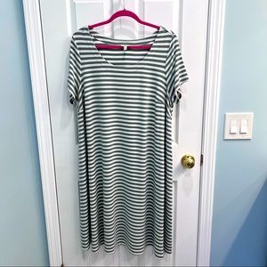 Talbots 1X sage green cream stripes fit and flare dress with short sleeves.